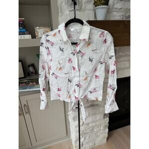 Ecru Women's White Sketched Floral Long Sleeve Button Up Shirt Size S